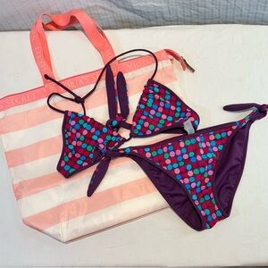 Victoria Secret Bundle Sz M Bikini & NWOT stripe bag Purple multicolor Polka Dot